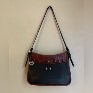 BRIGHTON Emma Bag Bow Silver Vtg Brown Black Leather Shoulder Handbag pebbled